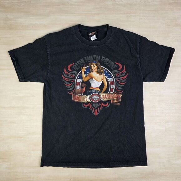 Harley Davidson Pinup Girl Ride With Pride Shirt Men's Size Large Black - Picture 1 of 8